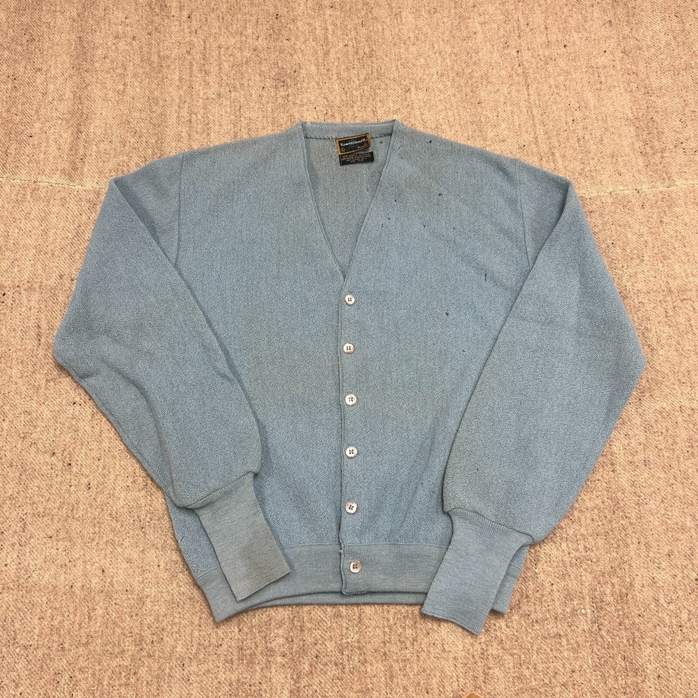 Vintage TownCraft Cardigan Sweater Large Blue 1960s JC‎ Pennys Distressed